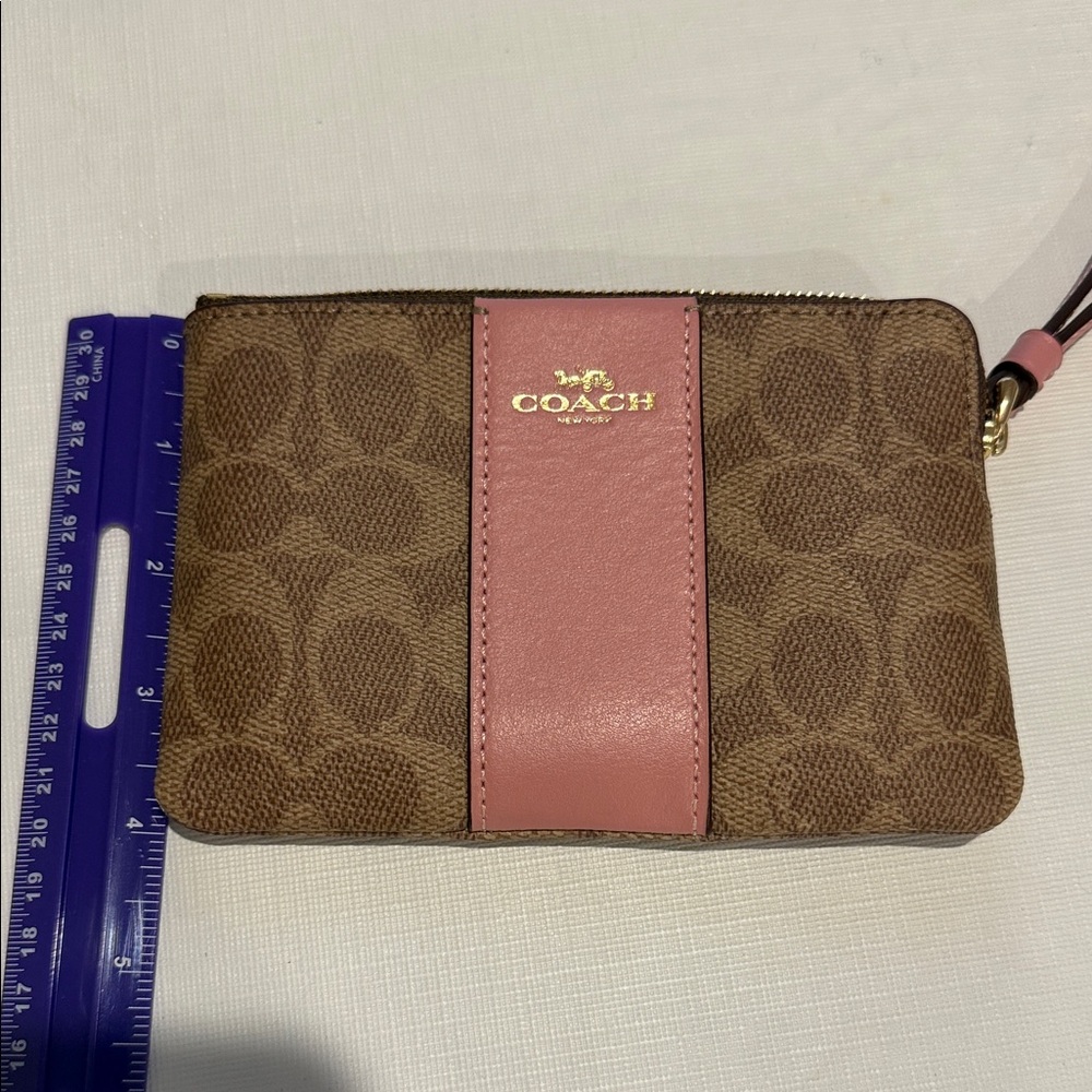 Coach Signature Brown Wristlet with Pink Stripe - Picture 7 of 9